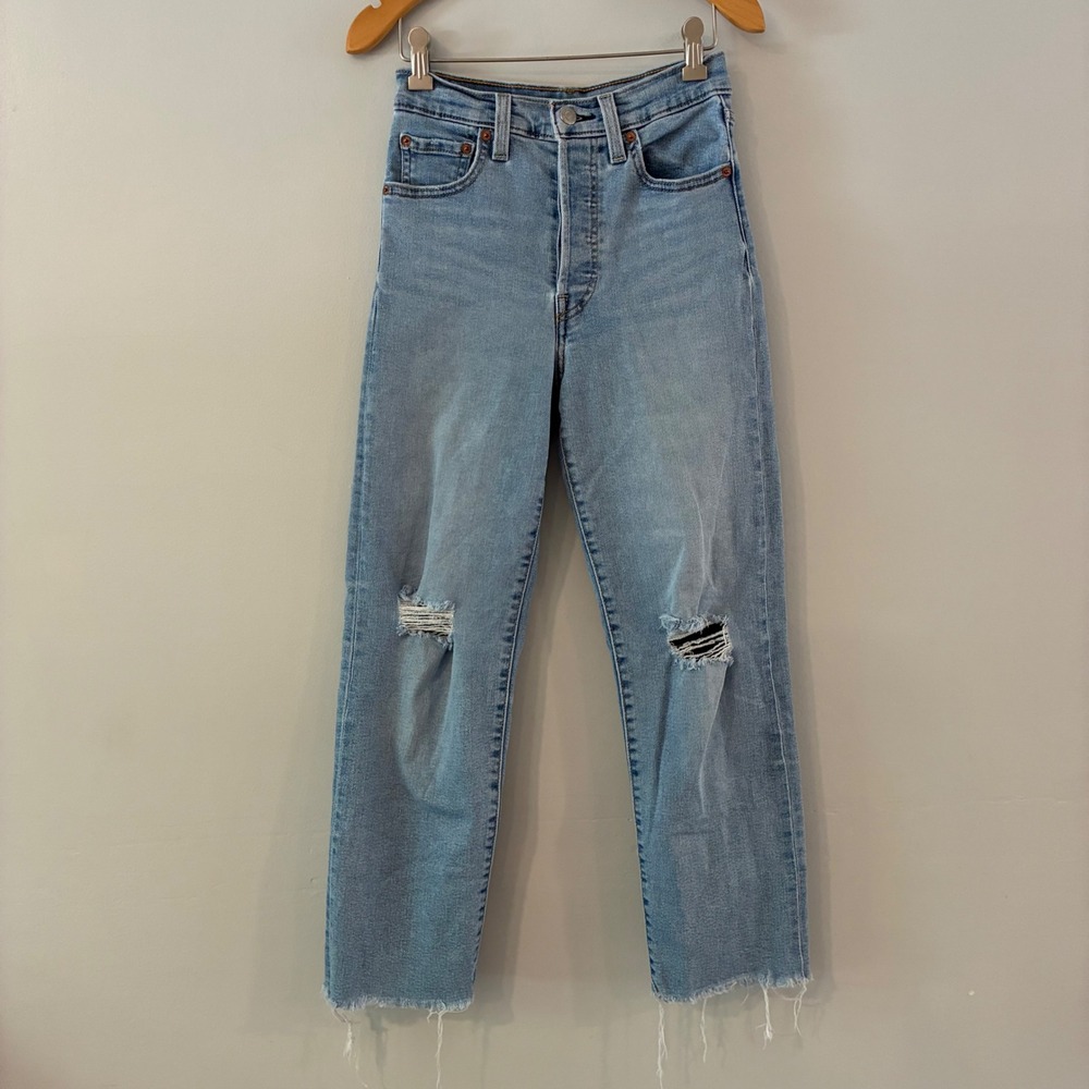 Levis Jeans Womens 24 Blue Ribcage Straight Ankle Distressed High Rise Raw Hem